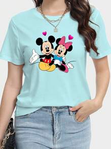 Disney Camiseta holgada de manga corta estilo casual y cómoda con estampado de la familia Mickey Mouse de estilo Disney para mujer