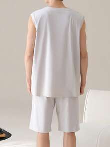AICJ 2 件男士纯色休闲宽松简约背心上衣和短裤睡衣套装，适合春夏季家居服 - 淺灰色 - 查看 2