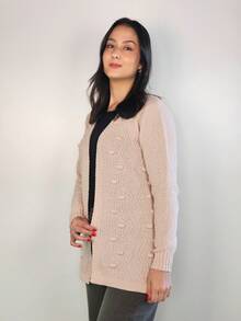 Polka Dot Knitted Cardigan Coat - 粉紅米色 - 查看 1