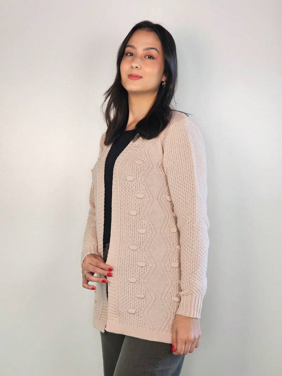 Polka Dot Knitted Cardigan Coat - 粉紅米色 - 查看 1