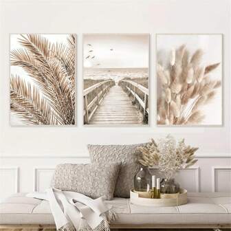 3er-Set dekorative Malerei moderne beige Boho Blätter Meereslandschaft Strandsteg Landschaftswandkunst, minimalistischer Stil Wohnraumdekoration Leinwand Poster Geschenke Geburtstag Abschluss optional mit Rahmen