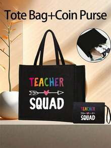 Teacher Appreciation Gift- Large Capacity Fashion Tote Bag With "Battery Life Of A Teacher" Print, Cosmetic Bag, Lining, And No Closure - Perfect For Educators And School Staff - Black - View 2