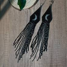 AHAYA Bohemian Gothic Stil handgefertigte Ohrringe mit Samen-, Glas-Perlen und Quasten, schwarz-weiße Mondlicht Quasten Ohrringe für Frauen, Weihnachts-/Valentinstags-Geschenk
