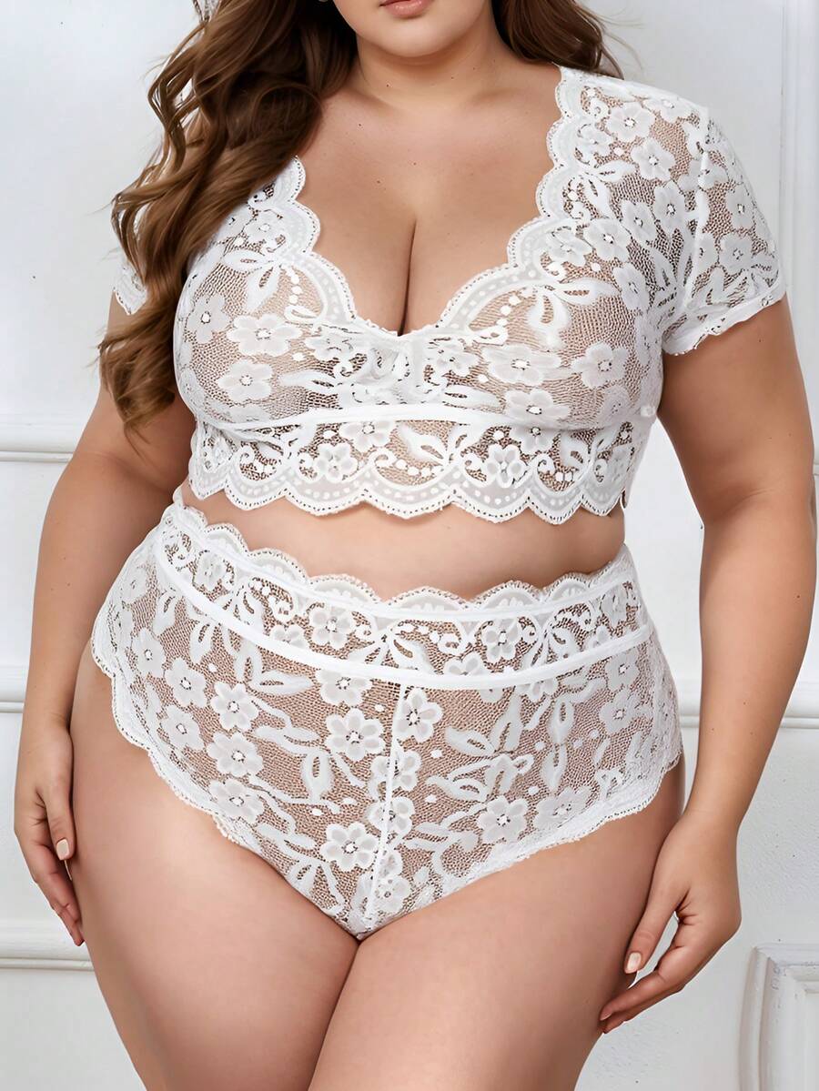 Plus Size 2 Pieces Lingerie Set For Women Sexy Deep V Allover Lace Bra And Panty High Waist Nightwear Clubwear - White - View 1