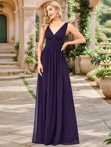 EVERPRETTY Elegante Chiffon V Neck Mangas Sem Mangas Ruched Maxi Formal Roxo Vestidos de Dama de Honra - Roxa - Ver 1
