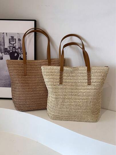1 pieza Nueva bolsa de paja de gran capacidad con estilo de playa casual y vacaciones sencillas, bolso de compras plegable informal para uso diario, fin de semana, playa, regalo para mujeres