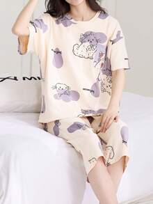 AICJ 2pcs Women Casual Cute Cat & Letter Print Pink Top, 3/4 Pants/Shorts/Lounge Pants, Spring Summer Home Party Vacation Pajamas Set