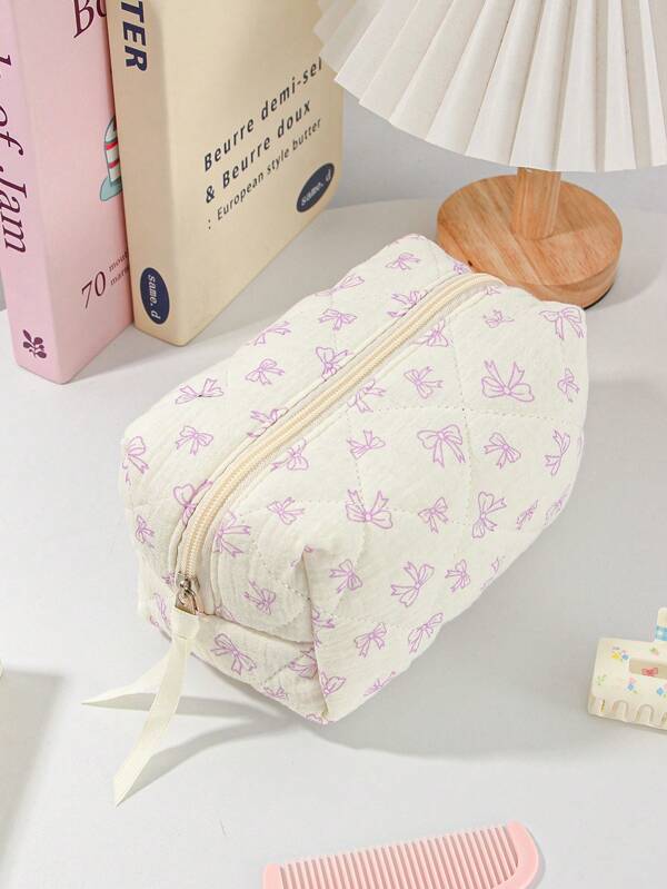 Cute Bow Make Up Bag Cute Bow Knot Pattern Toiletries Bag Travel Make Organizer Zipper Pouch, Quilted Cosmetics Bag, Stylish Foldable Commuter Makeup Bag For Brushes Aesthetic Cosmetic Bag For Gift