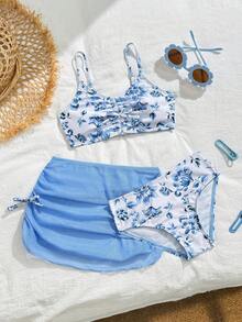 Young Girl Floral Print Spaghetti Strap Bikini Set Set With Cover Up Pareo Skirt, Summer Holiday - Blue - View 1