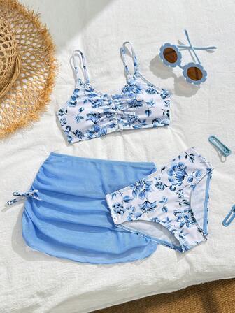 Young Girl Floral Print Spaghetti Strap Bikini Set Set With Cover Up Pareo Skirt, Summer Holiday