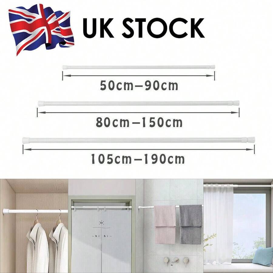 Telescopic Net Voile Tension Curtain Rail Pole Rod Rods Spring Loaded Extendable 50cm-190cm - White - View 1