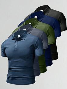 1PC Men Single Striped Trim Quarter Button Work Casual Polo Shirt, Boyfriend Gift - Grey - View 10