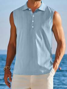 Mens Sleeveless Summer Shirts Beach Tank Tops Button Up Textured Tank Shirt For Vacation - Blue - View 2