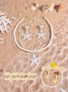 Set de 2 piezas de collar y aretes de estilo bohemio de playa con conchas y estrellas de mar que cambian de color con los rayos UV, joyas de playa que cambian de color sensibles a los rayos UV