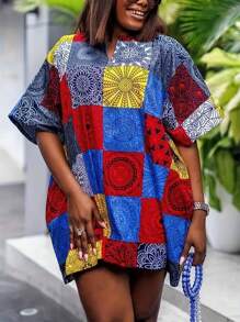 大码女式直筒花卉印花V领短袖休闲连衣裙