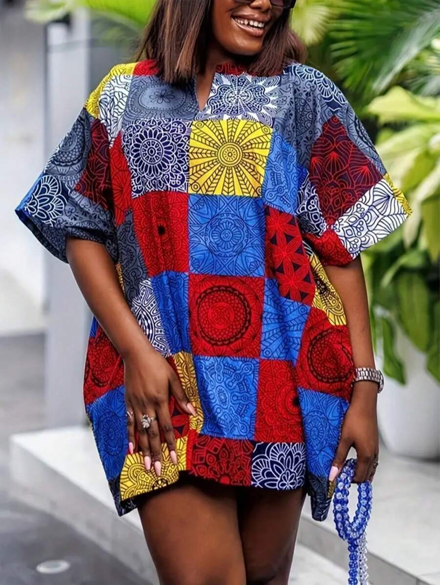 大码女式直筒花卉印花V领短袖休闲连衣裙