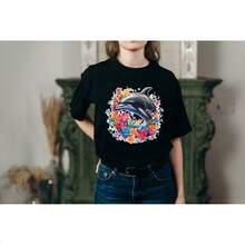 Cute Animal Face Head Colorful Flower Butterfly - Dolphin T-Shirt Funny Men'S Short Sleeve Graphic T-Shirt Collection Black Round Neck 100% Pure Cotton 180g Fabric Weight Regular Size S-XXXL T-Shirts - Black - View 2