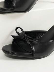 女士新款时尚优雅细高跟凉鞋，可爱蝴蝶结装饰露趾增高一脚蹬鞋，适合正式或休闲场合穿着 - 黑色 - 查看 6