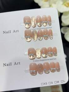 10 片法式粉色猫眼蓝色波尔卡圆点手工假指甲，手工指甲贴片，适合清新可爱的女孩约会，按压指甲，美甲用品，指甲 - 粉色 - 查看 5