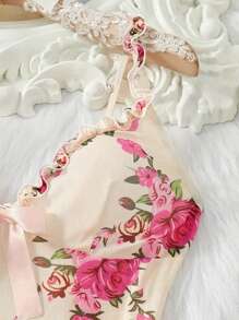 2 pièces Ensemble de lingerie et de vêtements de nuit sexy - Ensemble complet de deux pièces avec culotte assortie, ourlet délicatement voluptueux et bretelles réglables pour un ajustement parfait - Motif floral vibrant, robe de nuit sensuelle pour femmes