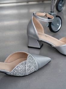Women Elegant Silver Sandals High-Heeled Shoes Comfortable Pointed Toe Mary Jane Mid-Heel Closed Toe Summer Shoes