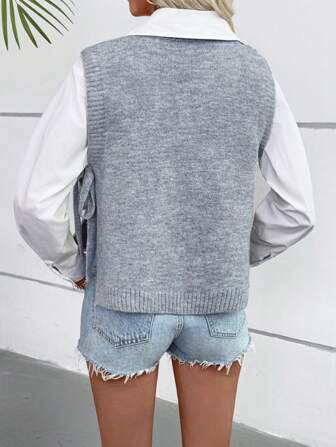 Women's Fashionable Casual Side Tie Crew Neck Sweater Vest, Autumn/Winter Stylish Versatile Item