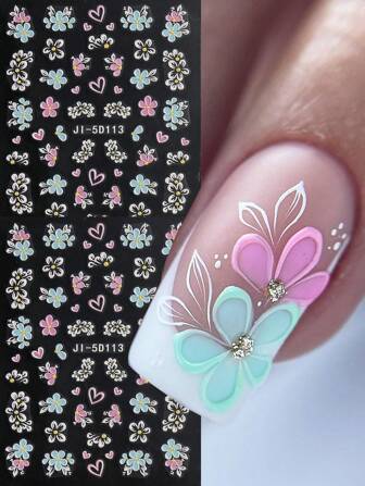 2 Pieces Of Spring And Summer Heart-Shaped Hollow Petal Nail Art Stickers - White, Pink, And Blue Hollow Five Petal Flowers And Heart-Shaped Art Design, 5D Relief Plastic Material, Suitable For Women's Disposable Self-Adhesive Back Adhesive Nail Art Stickers, Spring And Summer Fresh And Simple Floral Theme Style, Easy To Stick Nail Decoration Stickers
