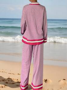 海滩度假秋冬女装超大时尚休闲蓝白格子撞色柠檬沙丁鱼印花长袖长裤两件套