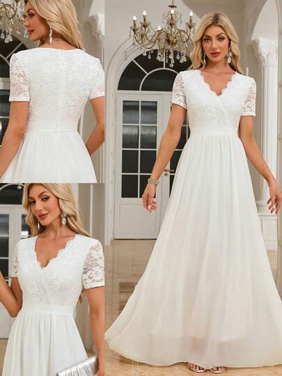 Solid Color Chiffon And Lace Patchwork Zip Up Wedding Party Dress, Valentine's Day