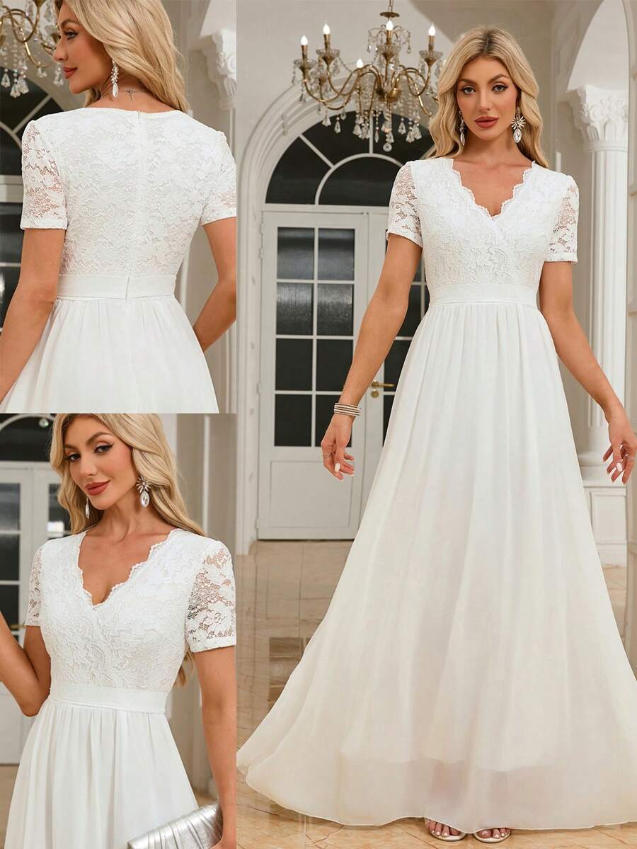 Solid Color Chiffon And Lace Patchwork Zip Up Wedding Party Dress, Valentine's Day - White - View 1