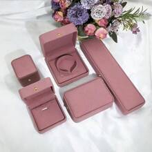 1pc New Gold-Plated Round Corner Pink Velvet Jewelry Box, Ring Necklace Bracelet Bangle Case, Fashionable Accessories Packaging