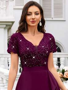 MIUSOL Deep V-Neck Contrast Sequin Lace Ruffle Trim Chiffon Formal Party Maxi Dress,Formal Evening Gown - Maroon - View 8