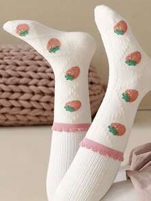 10 đôi tất cotton dài đến bắp chân họa tiết dâu tây và hoa cho bé gái, tất thường ngày thoáng khí thoải mái cho mọi mùa - Nhiều màu - Xem 4