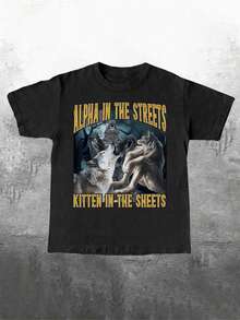 Alpha in the Streets Kitten in the Sheets Black T-Shirt with Wolf Graphic - Fashion New Men's Breathable Short Sleeve T-Shirt Summer High-Quality Round Neck  Printed Sports Top - Suitable for Sports and Daily Life Casual Wear - Negro - Ver 1