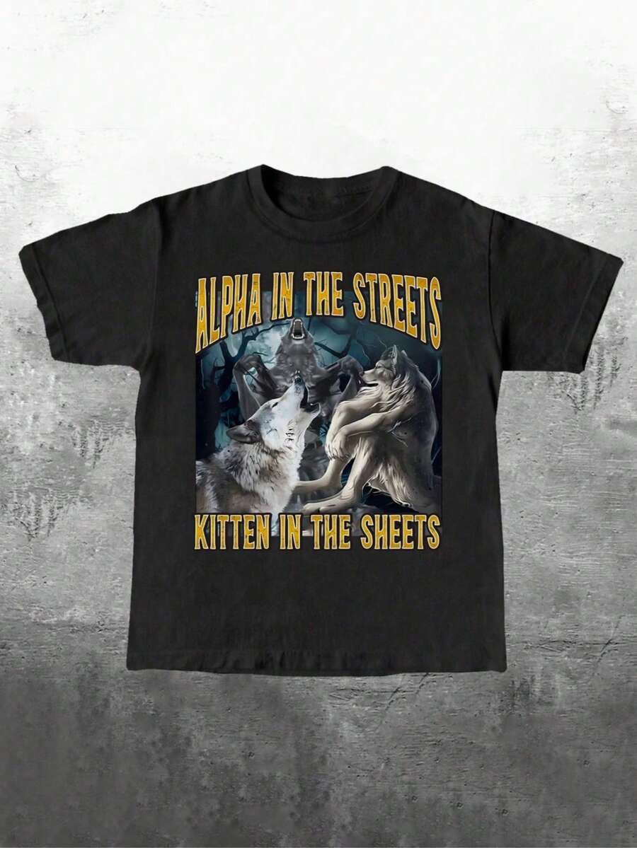Alpha in the Streets Kitten in the Sheets Black T-Shirt with Wolf Graphic - Fashion New Men's Breathable Short Sleeve T-Shirt Summer High-Quality Round Neck  Printed Sports Top - Suitable for Sports and Daily Life Casual Wear - Negro - Ver 1