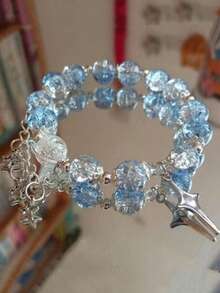 1 件女士新月、星星和十字架吊坠手链（随机十字架款式），星星设计小众，精致优雅，适合日常佩戴、约会、派对、婚礼、海滩、聚会 - 藍色夢幻 - 查看 2