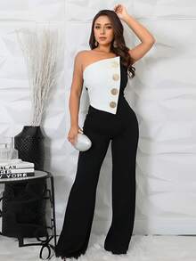 Fashion Women's Solid Color Sleeveless Black Elegant Jumpsuit New For Graduation, Dinner Wedding Spring Party - Black and White - View 5