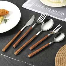 5/20/30pcs Stainless Steel Cutlery Set With Wooden Handles, Includes Knife, Fork, Spoon, Teaspoon, Suitable For Home Kitchen, Hotel, Party Use