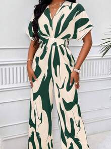 Women's Color Block Print V-Neck Short Sleeve Jumpsuit - Green - View 2