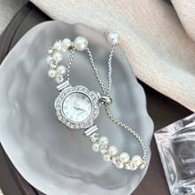 1 pièce Montre à quartz mode femme avec chaîne ajustable rétractable à double perle, boîtier en alliage, cadran avec chiffres arabes, design élégant pour femme et étudiante