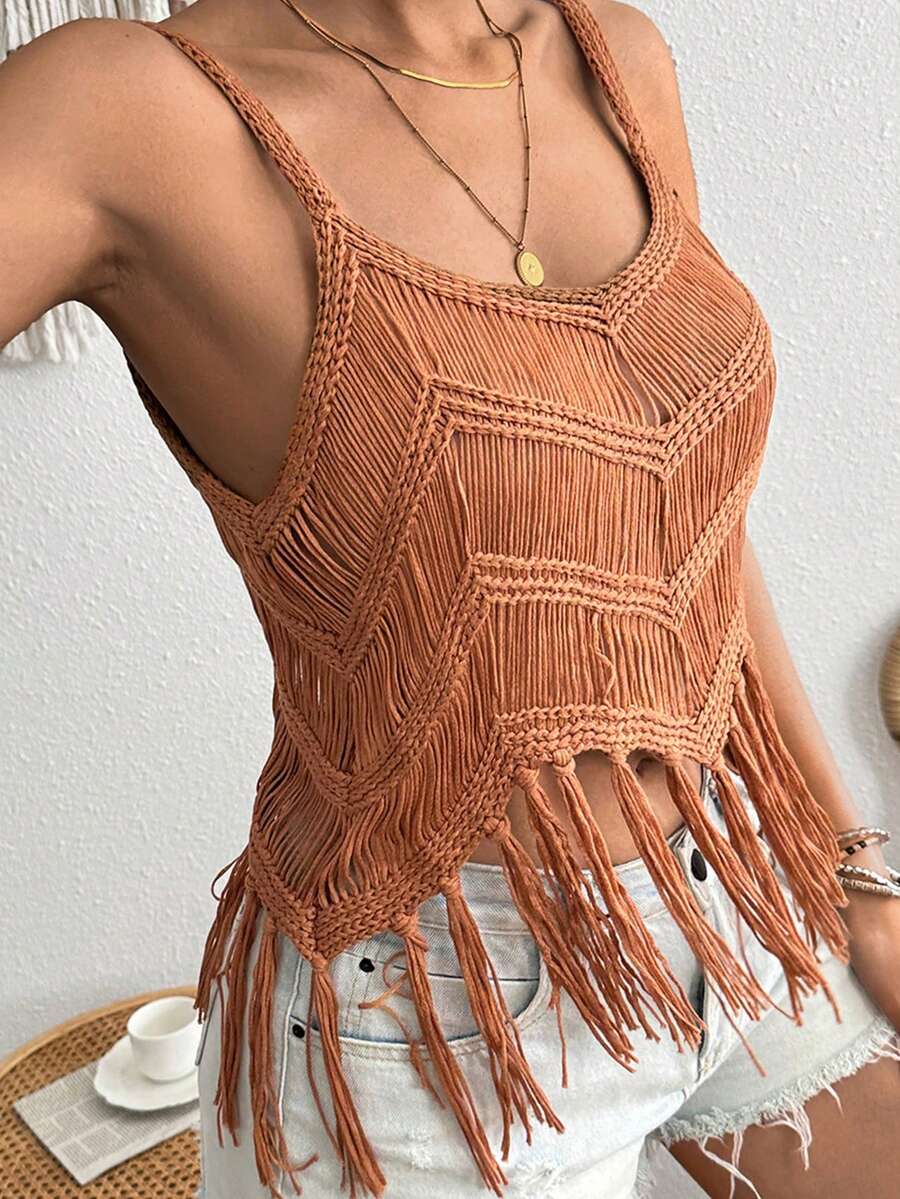 定制款女士针织流苏吊带背心，镂空沙滩风休闲夏季 - 棕色 - 查看 1