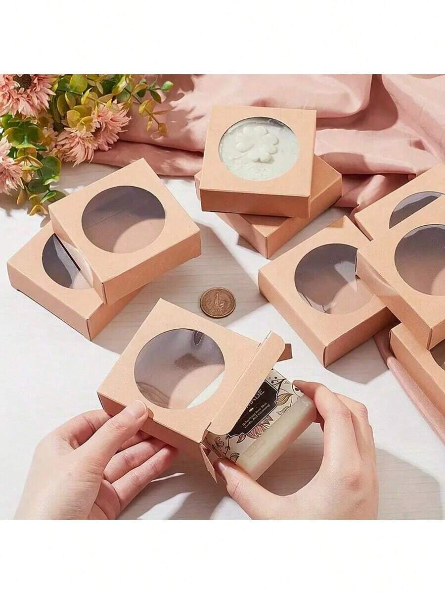 20/50pcs - Elegant Kraft Paper Gift Boxes With Round Clear Window - Foldable Square Design, Suitable For Jewelry Display, Perfect For Weddings, Birthdays And Anniversaries - Multicolor - View 1