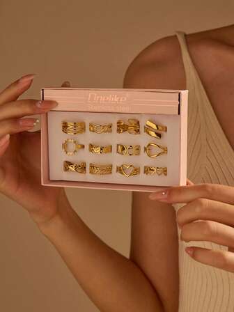 Onelike 12 件不锈钢金色时尚开口戒指套装，配粉色礼盒，适合女性日常装饰或送礼