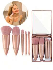 5-Piece Mini Travel Makeup Brush Set, With Mirror, Portable Makeup Set, Nylon Bristles, Suitable For Powder Blusher, Foundation Make-Up, Eye Shadow, Lipstick, Suitable For All Skin Types, No Spices,Brush Set,Makeup Brush Kit,Make Up Brush Set,Make Up Set Complete,Makeup Brush Set,Complete Makeup Kit,Brush Kit,Brushes Makeup Set,Makeup Gift Set,Set - Baby Pink - View 2