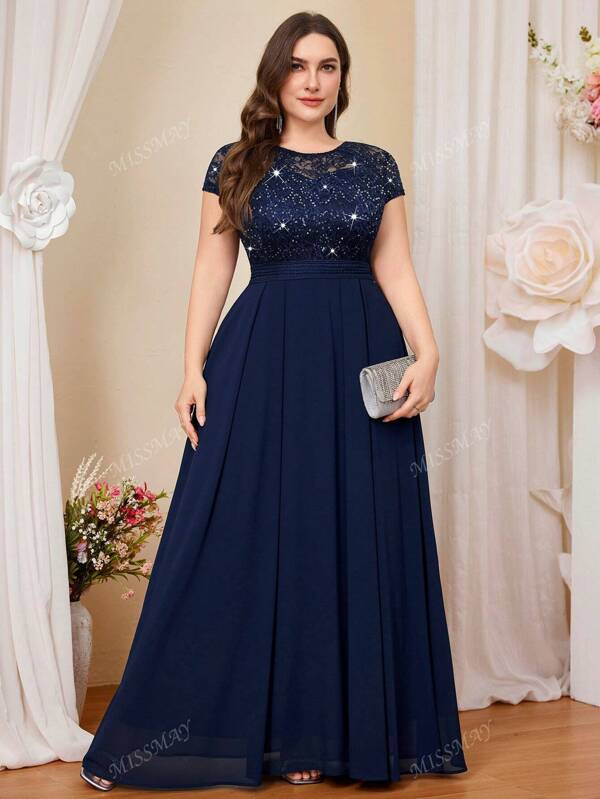 Vestido maxi elegante para fiestas de noche con cintura plisada, contraste de encaje con lentejuelas y gasa, ideal para graduación, fiesta formal, boda o cena, vestido de invitada