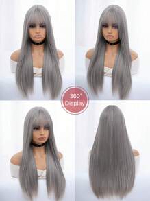 1-Piece Synthetic Heat Resistant Straight Hair With Bangs Princess Cut Wine Cyan Or Grey 26 Inch Fully Machine Woven Daily Natural Realistic Wig
