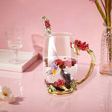 Tea Cup Glass Coffee Mugs,Fancy Tea Cup Set Birthday Christmas Valentine's Day Gift Idea For Tea Lover And Women Novelty Coffee Mugs Rose Flower Enamel Tea Cup Glass Mug With Spoon Set - 紅色 - 查看 5