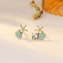 1 Pair Asymmetrical Bicolor Pearl C Hoop Earrings, Vintage Minimalist Fashionable Earrings