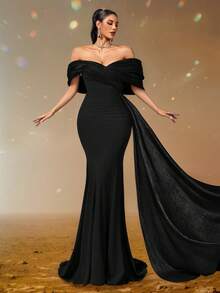 Smilprince Black Off-Shoulder Fishtail Evening Dress With Draped Shoulder Cape And Train, Elegant Mermaid Gown, Formal Evening Dress, Wedding Guest Dress, Prom Dresses For Women,Elegant Gown,Luxury Dress,Party Gown,Long Formal Dress - Black - View 6