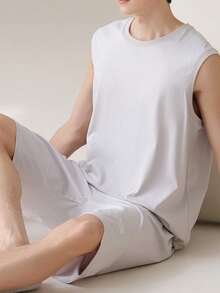 AICJ 2 件男士纯色休闲宽松简约背心上衣和短裤睡衣套装，适合春夏季家居服 - 淺灰色 - 查看 4